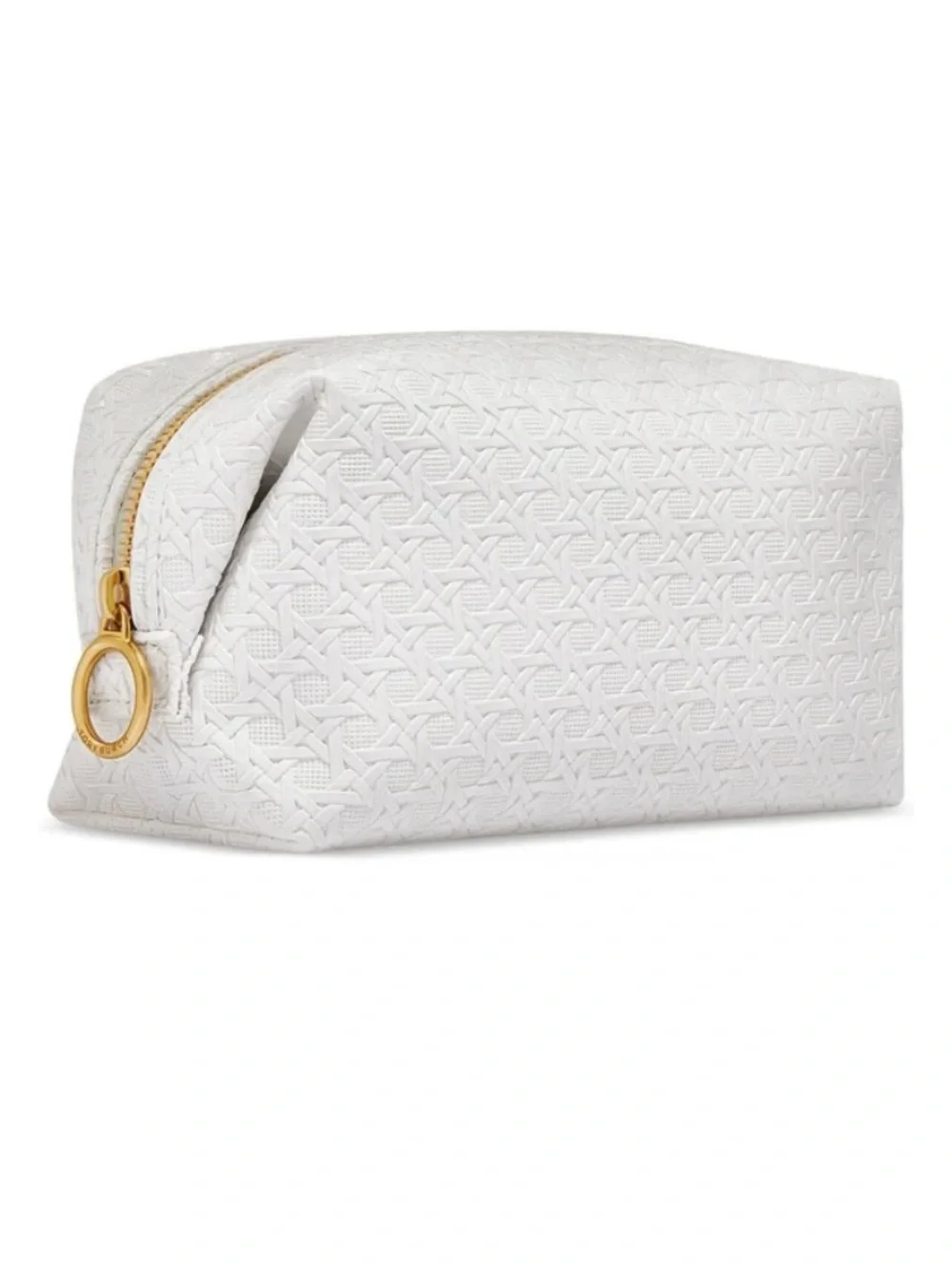 Tory Burch Woven Textured White Faux Leather Cosmetics/Toiletries Zip Pouch Bag